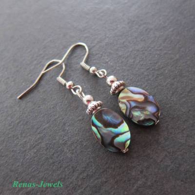 Ohrhänger Abalone Paua Perlmutt Ohrringe oval Regenbogenfarben Perlmuttohrringe Muschel Seeopal