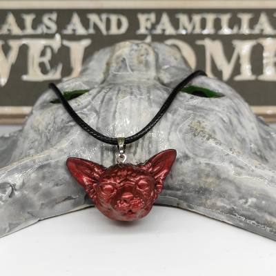 Halskette mit Sphynx Katze Anhänger aus Keramik, Gothic Schmuck, okkulte Halsschmuck