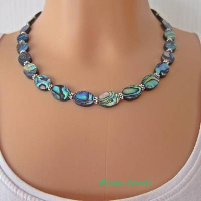 Perlmuttkette Abalone Paua Muschel Perlmutt Kette oval Regenbogenfarben handgefertigt