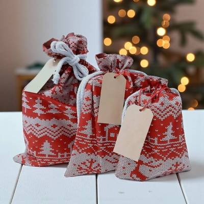 3er Set Nikolaussäckchen mit Norweger Muster – Wendbare Baumwoll-Weihnachtssäckchen, Geschenkverpackung, Stoffkörbchen