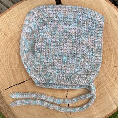 VERSANDFERTIG  Kinder Mütze zum Binden aus Merinowolle grau/blau KU 41-43