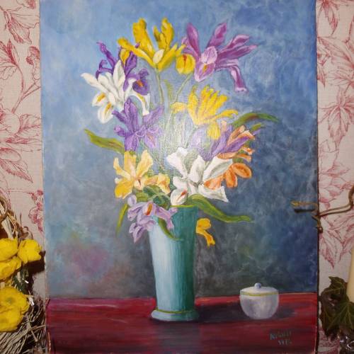 Ölgemälde handgemalt Blumenstrauß 1976 Iris Vase Öl Bild Gemälde oil painting handpainted Vintage auf Faserplatte Wandbi