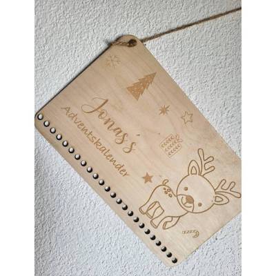 Adventskalender personalisiert mit Name groß,Rehntier, Weihnachten, Adventskalender aus Holz/Laser, Advent,Jutesäckchen,