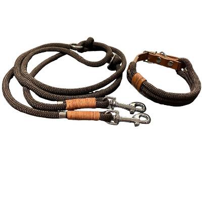 Hundeleine Halsband Set verstellbar, dunkelbraun, mit Leder, ab 20 cm Halsumfang