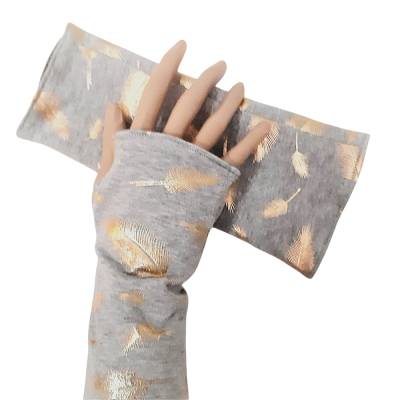 Armstulpen, Handstulpen, Stulpen grau mit goldenen Federn