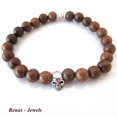 Herren Holzarmband Männer Armband Holzperlen braun Skull Totenkopf Skullarmband handgefertigt