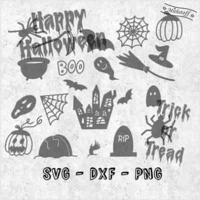 Halloween Plotterdatei SVG Bundle Kürbis Hexe Besen Spinnennetz Fledermaus Spinne gruselig Mithstoff
