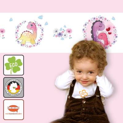 ECO Kinderbordüre: Mädchen Dinos mit Blumen - rosa lila - nach Aquarellart -  20 cm Höhe