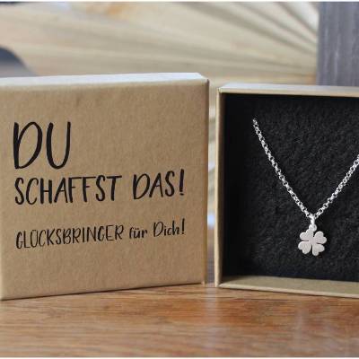 Kleeblatt Kettenanhänger und Halskette aus 925 Silber "Du schaffst das!"