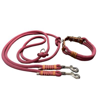 Leine Halsband Set, Tau 10 mm, verstellbar, bordeaux, cognac, weinrot, mit Leder und Schnalle
