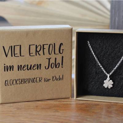 Kleeblatt Kettenanhänger und Halskette aus 925 Silber "Viel Erfolg im neuen Job!"