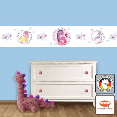 Kinderbordüre: Mädchen Dinos mit Blumen - rosa lila - nach Aquarellart -  20 cm Höhe