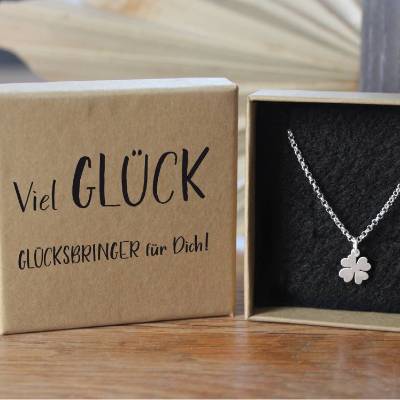 Kleeblatt Kettenanhänger und Halskette aus 925 Silber "Viel Glück!"