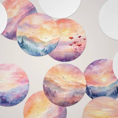 XL Sticker Flakes SET *Mountain Dawn* / Runde Aquarell Berglandschaft Aufkleber für Planer und Journaling