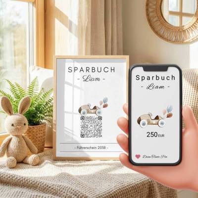 Geldgeschenk Geburt – Sparbild Auto mit QR-Code und NFC Option – Personalisiert Führerschein