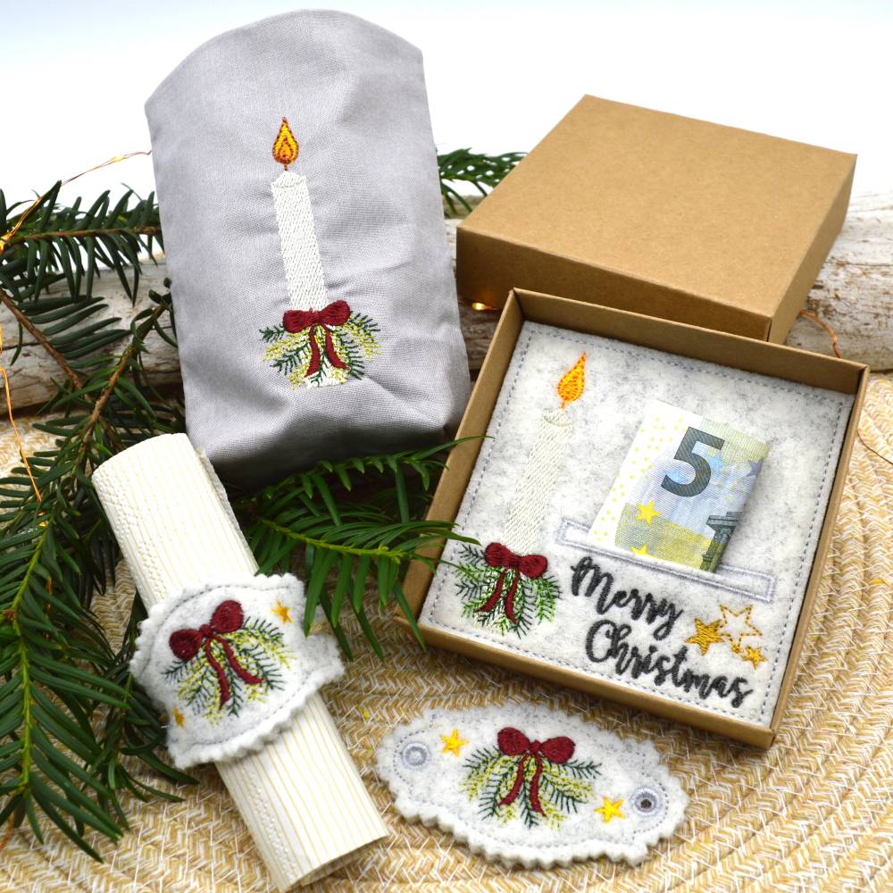 Stickdatei Weihnachten SET Wunscherfüller Kerze Serviettenhalter Bild 1