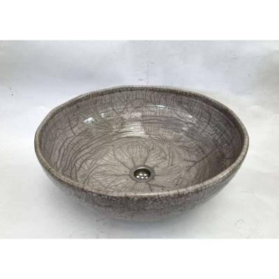 Waschbecken / Raku / Grau/Weiß/Antik  Ø 42 cm Höhe 16 cm