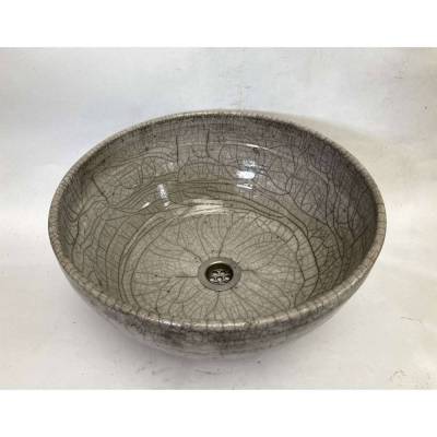 Waschbecken / Raku / Grau/Weiß/Antik  Ø 38 cm Höhe 17 cm