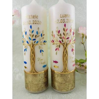 Set 2 Taufkerzen Zwillinge Mädchen Jungen Lebensbaum  Baum des Lebens Name Datum Spruch individualisierbar