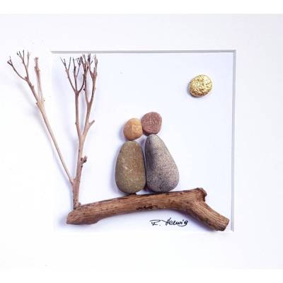 Kieselsteinbild Steinbild - Liebespaar mit goldener Sonne - 25x25 cm, gerahmt, verglast