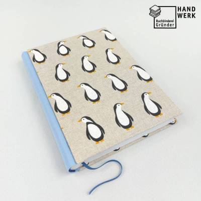 Notizbuch, Pinguine, DIN A5, 140 Blatt, blau natur, handgefertigt, füllertauglich