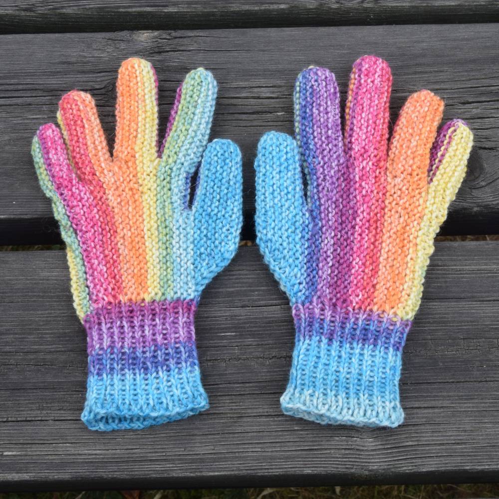 Finger-Handschuhe Wolle handgestrickt Regenbogen Damen