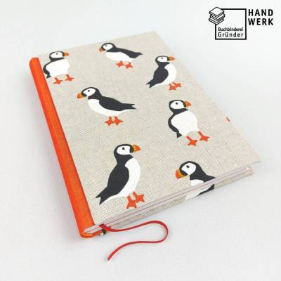 Notizbuch, Papageientaucher, DIN A5, 140 Blatt, orange natur, handgefertigt