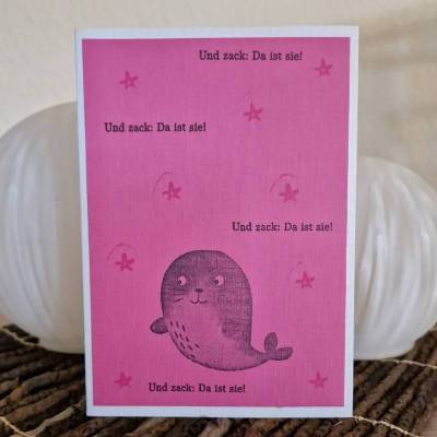 Babykarte / süße Robbe / Sterne / pink / Grußkarte / Geburt / Baby