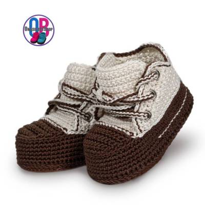 Babyschuhe, gehäkelt, DREISCHICHSOHLE, Geschenkverpackung, handgemacht, 10 cm., Braun, Creme, Baumwolle