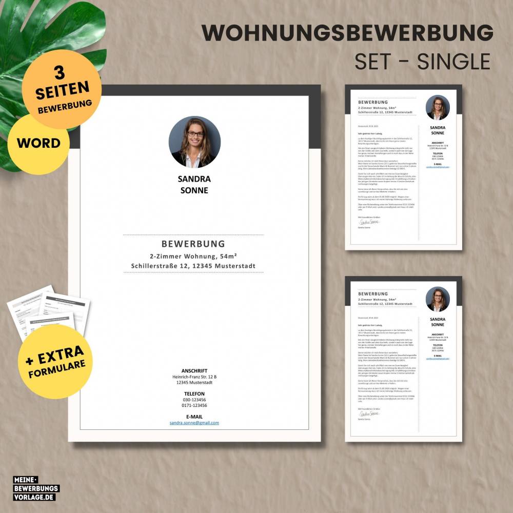 Wohnungsbewerbung - Wohnung Bewerbung - Bewerbungsvorlage Wohnung Single + Formulare - Deutsch - Word + Pages Nr.1 Bild 1