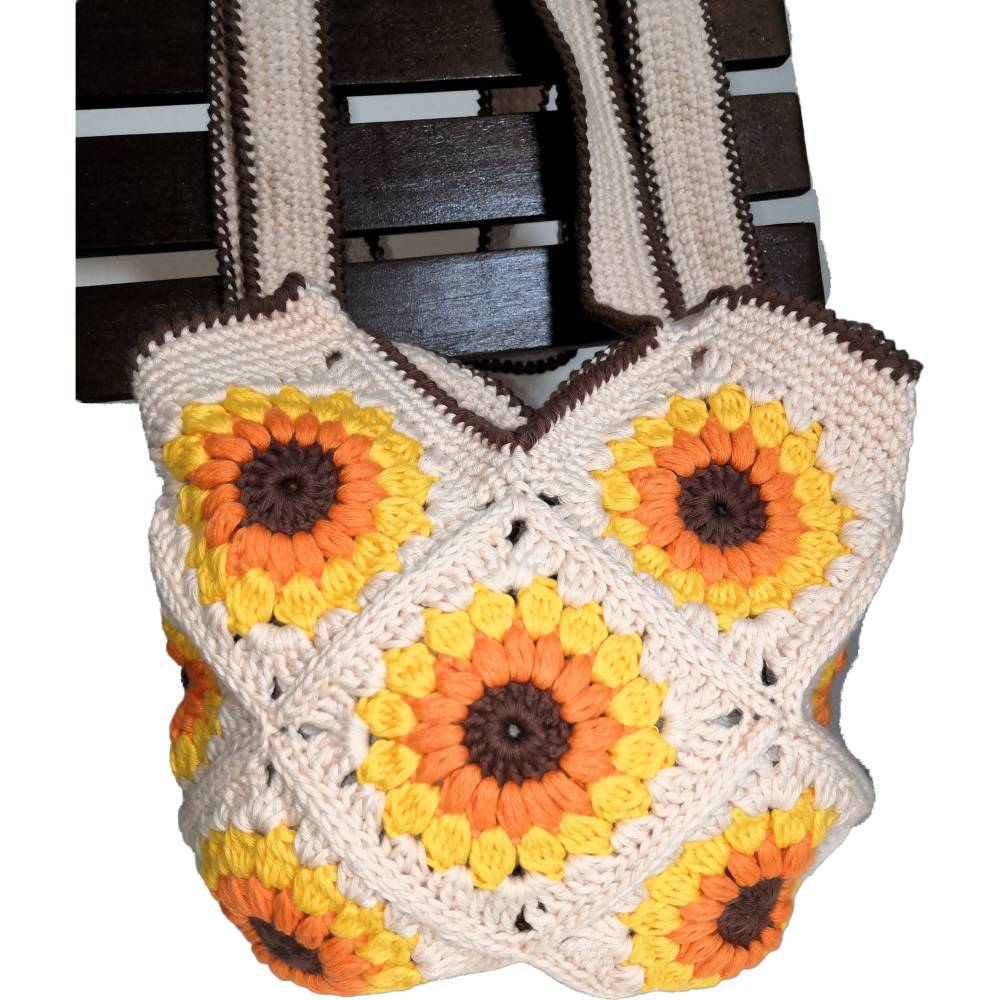 Handgehäkelte Granny Tasche Sonnenblumen Beige Gelb Baumwolle 28cm – Süß & Praktisch Bild 1
