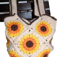 Handgehäkelte Granny Tasche Sonnenblumen Beige Gelb Baumwolle 28cm – Süß & Praktisch