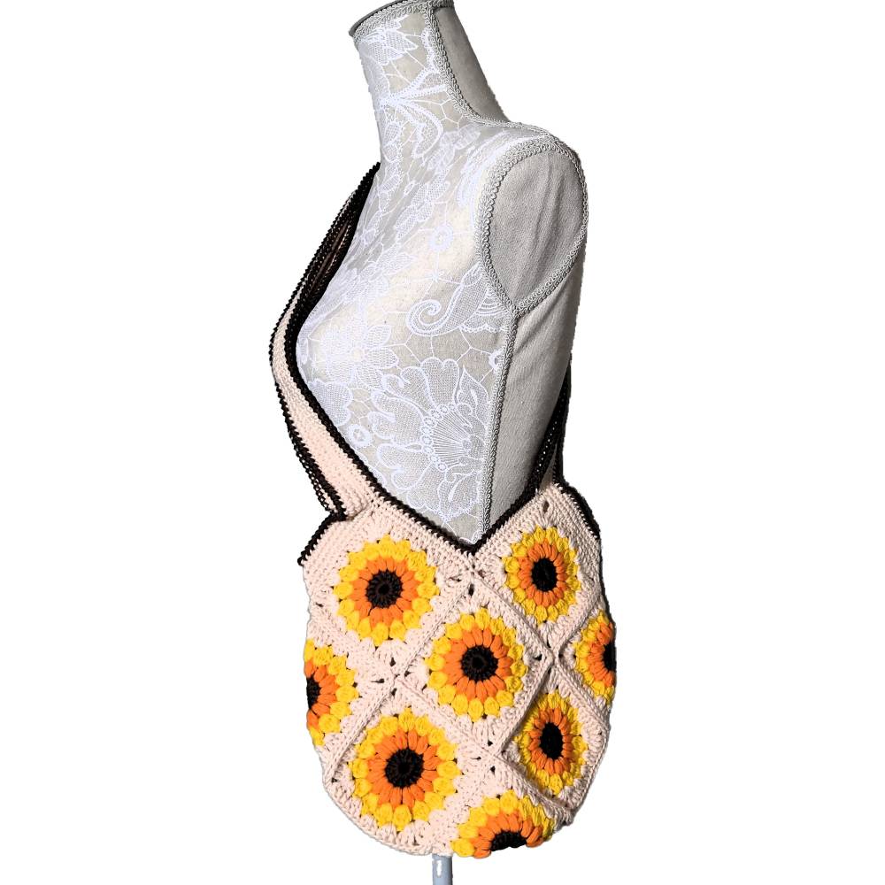 Handgehäkelte Granny Tasche Sonnenblumen Beige Gelb Baumwolle 28cm – Süß & Praktisch Bild 2
