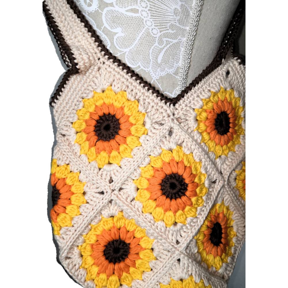 Handgehäkelte Granny Tasche Sonnenblumen Beige Gelb Baumwolle 28cm – Süß & Praktisch Bild 3