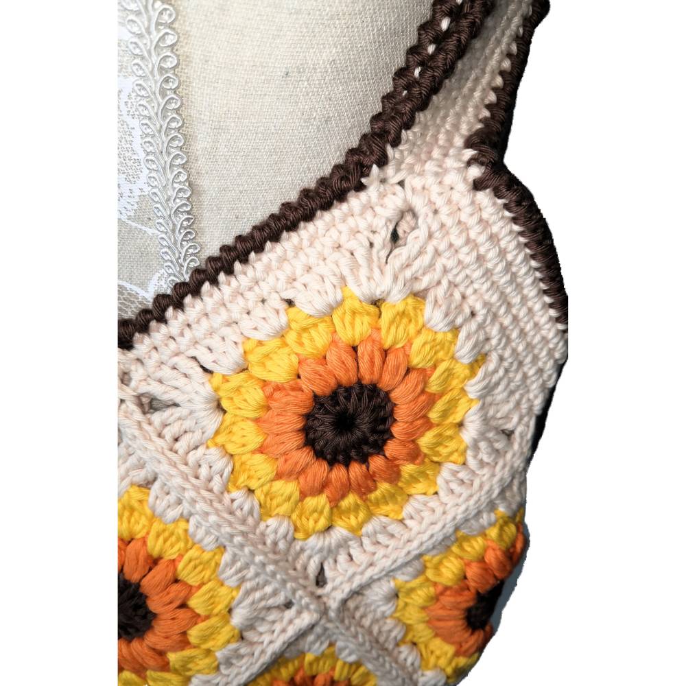Handgehäkelte Granny Tasche Sonnenblumen Beige Gelb Baumwolle 28cm – Süß & Praktisch Bild 5