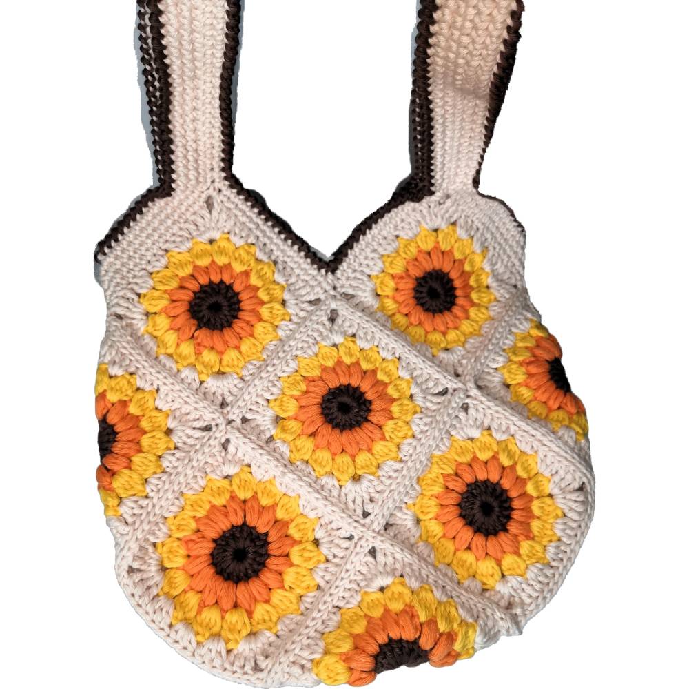 Handgehäkelte Granny Tasche Sonnenblumen Beige Gelb Baumwolle 28cm – Süß & Praktisch Bild 6