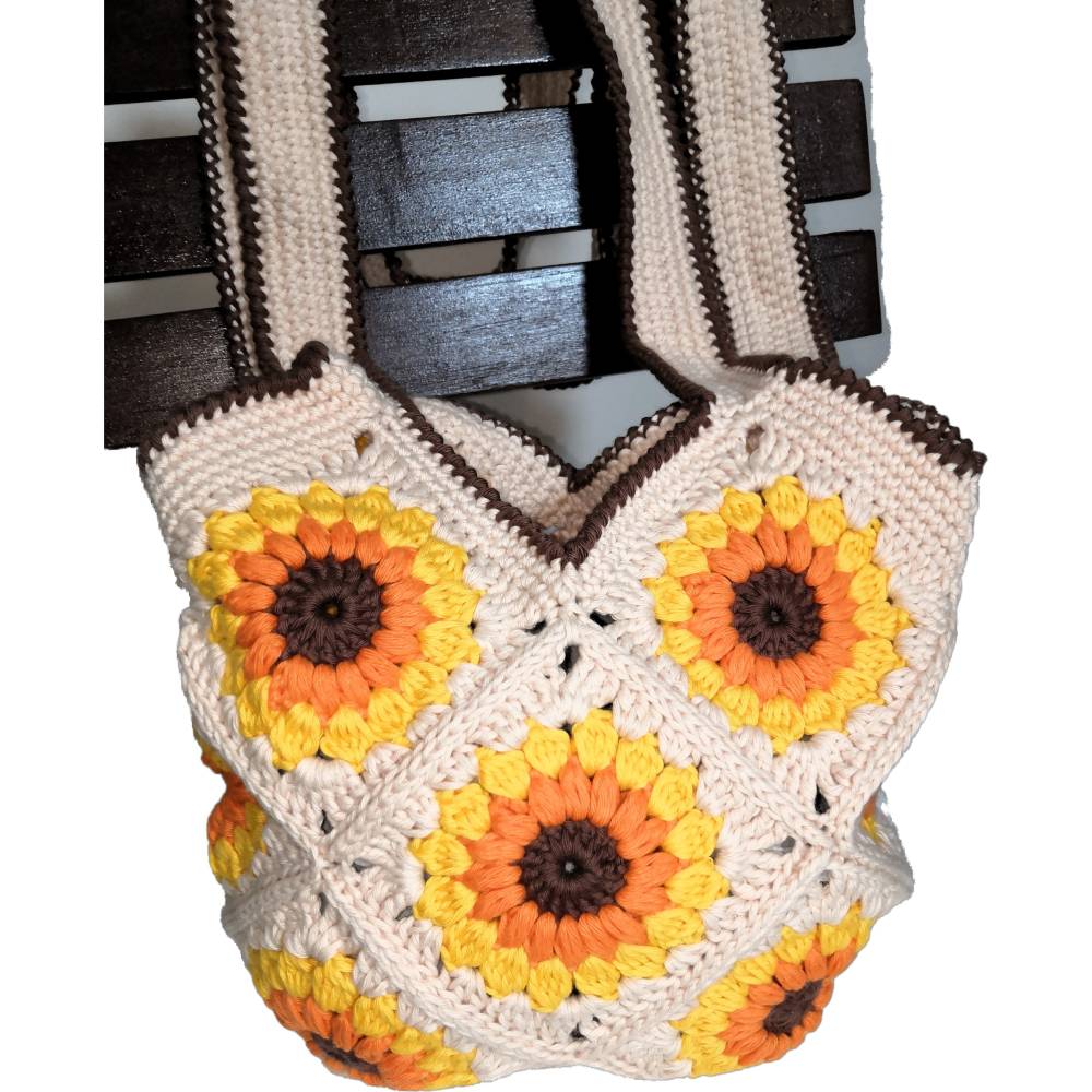 Handgehäkelte Granny Tasche Sonnenblumen Beige Gelb Baumwolle 28cm – Süß & Praktisch Bild 7