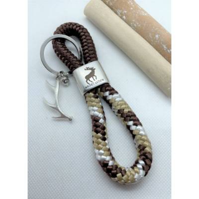 Schlüsselanhänger aus Segelseil/Segeltau, Zwischenstück: Wildes Leben und Hirsch, braun/beige/weiß, Geweih und Eichel