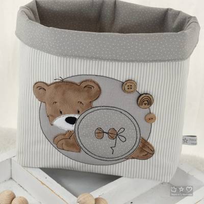 Utensilo / Aufbewahrungstasche taube/weiß mit Button Knopfteddy 3