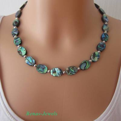 Perlmuttkette kurz Abalone Paua Muschel Seeopal Perlmutt Kette oval Regenbogenfarben silberfarben