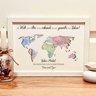 Firmung Geschenk personalisiert – Geldgeschenk Bilderrahmen mit Weltkarte und Wunschname