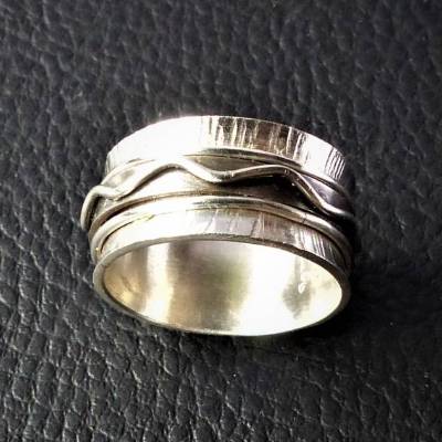 Breiter Meditations-Ring aus 925 Silber mit drehbarem Ornament-Mittelteil – Handgefertigter Spiele-Ring
