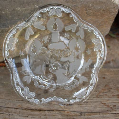 Gebäckteller Glas Weihnachten Engel Adventskerzen Weihnachtsbäume Vintage Germany