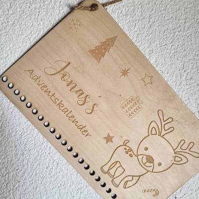 Adventskalender personalisiert mit Name klein,Rehntier, Weihnachten, Adventskalender aus Holz/Laser, Advent,Jutesäckchen