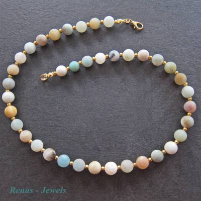 Edelsteinkette Amazonit Edelstein Kette Perlen braun grün weiß goldfarben Perlenkette Collier handgefertigt