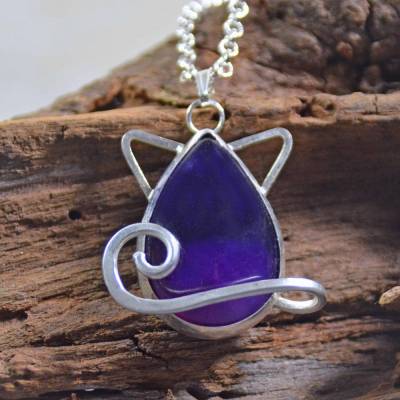 Katzen-Anhänger aus 925 Sterling Silber und Feinsilber mit Amethyst - handgemacht