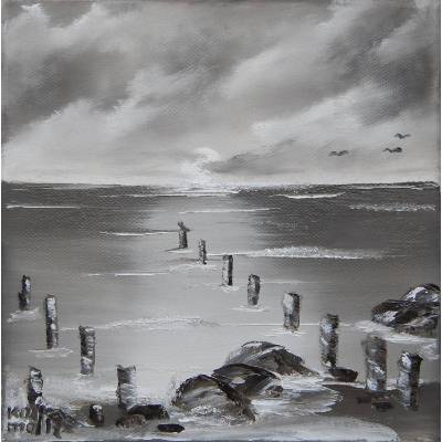 Wattenmeer - Originalgemälde in Öl auf Leinwand Keilrahmen, Miniatur, monochrom, 20 x 20 cm
