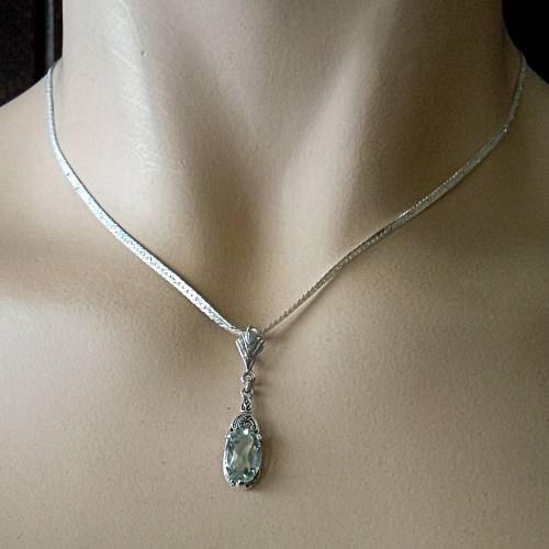 925 Silber Art Deco Collier mit grünem Amethyst – Edler Anhänger & Singapurkette 45/60 cm