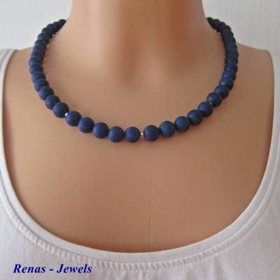 Edelsteinkette Lapislazuli blau silberfarben mit Silber 925 Lapislazulikette Perlenkette Edelstein Kette Collier