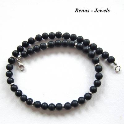 Herren Kette Edelstein Perlen Onyx schwarz silberfarben mit 925 Silber Männerkette Edelsteinkette Herrenkette